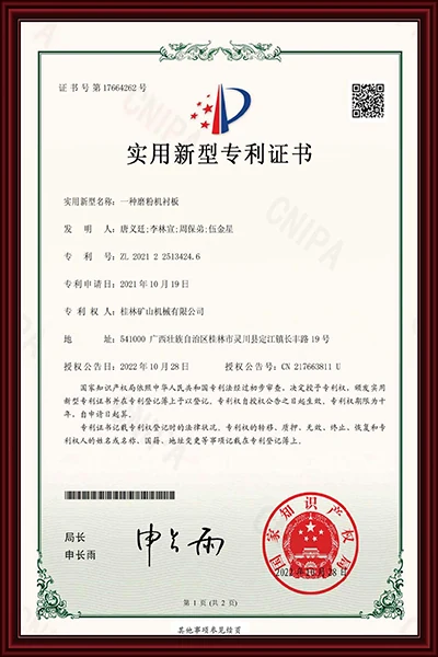 Grinding mill liner patent certificate